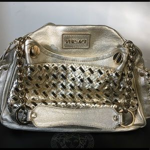 VERSACE Gold Woven Leather Shoulder Bag 👛